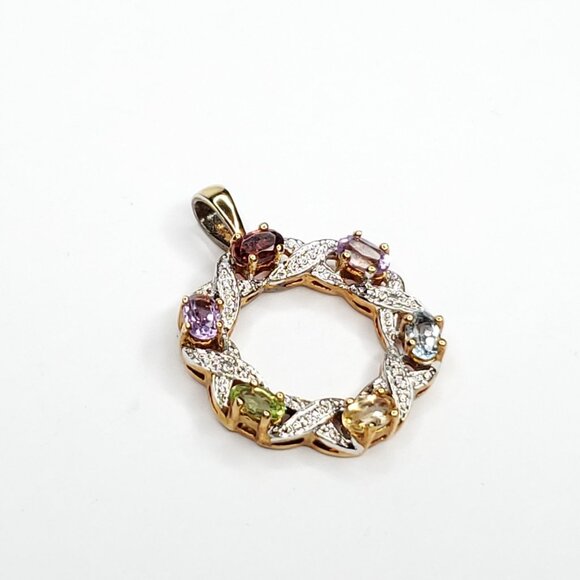 Sterling Silver Cut Multi Gemstone Circle Wreath Pendant Amethyst Garnet - Picture 3 of 5